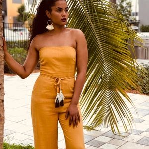 Mustard Strapless Jumpsuit with Tassel Belt